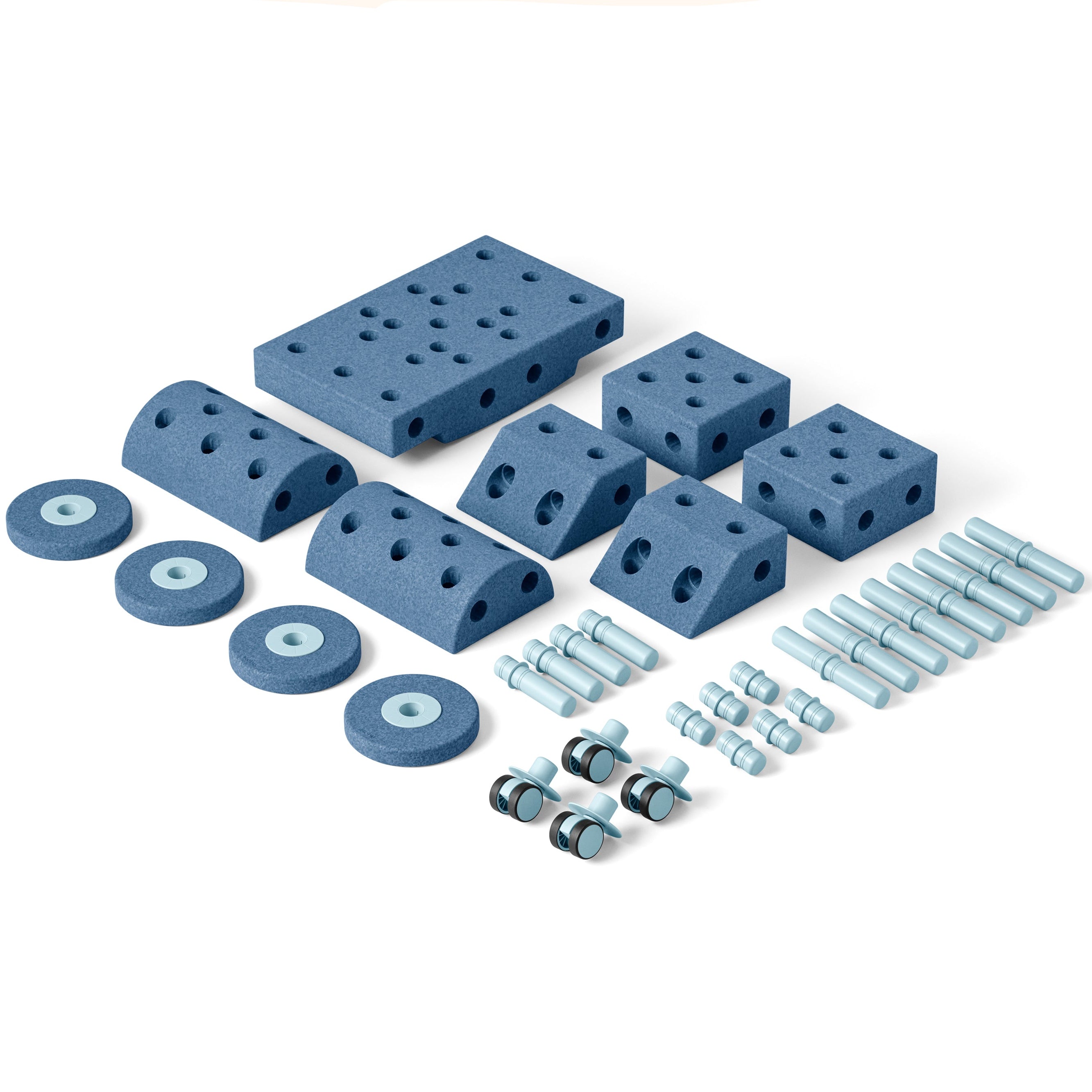 Zestaw MODU Dreamer set składa się z 34 elementów do budowania, w tym klocków, łączników, kółek oraz książeczki inspiracji, umożliwiający dzieciom tworzenie unikalnych, naturalnej wielkości zabawek, idealnych do wspólnej zabawy i rozwoju motoryki.