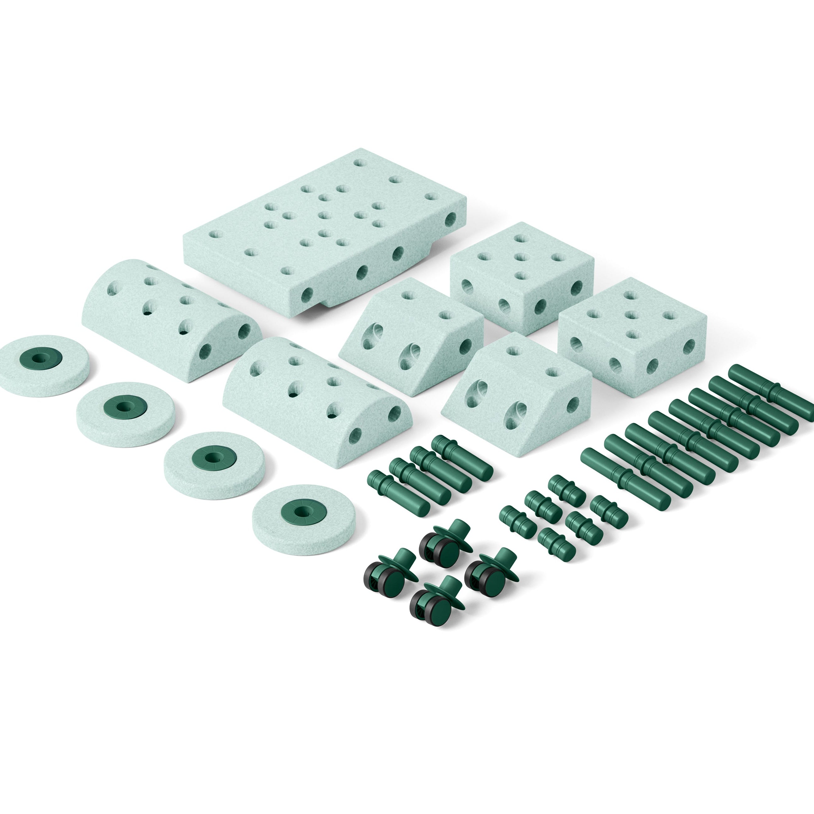 Zestaw MODU Dreamer set składa się z 34 elementów do budowania, w tym klocków, łączników, kółek oraz książeczki inspiracji, umożliwiający dzieciom tworzenie unikalnych, naturalnej wielkości zabawek, idealnych do wspólnej zabawy i rozwoju motoryki.