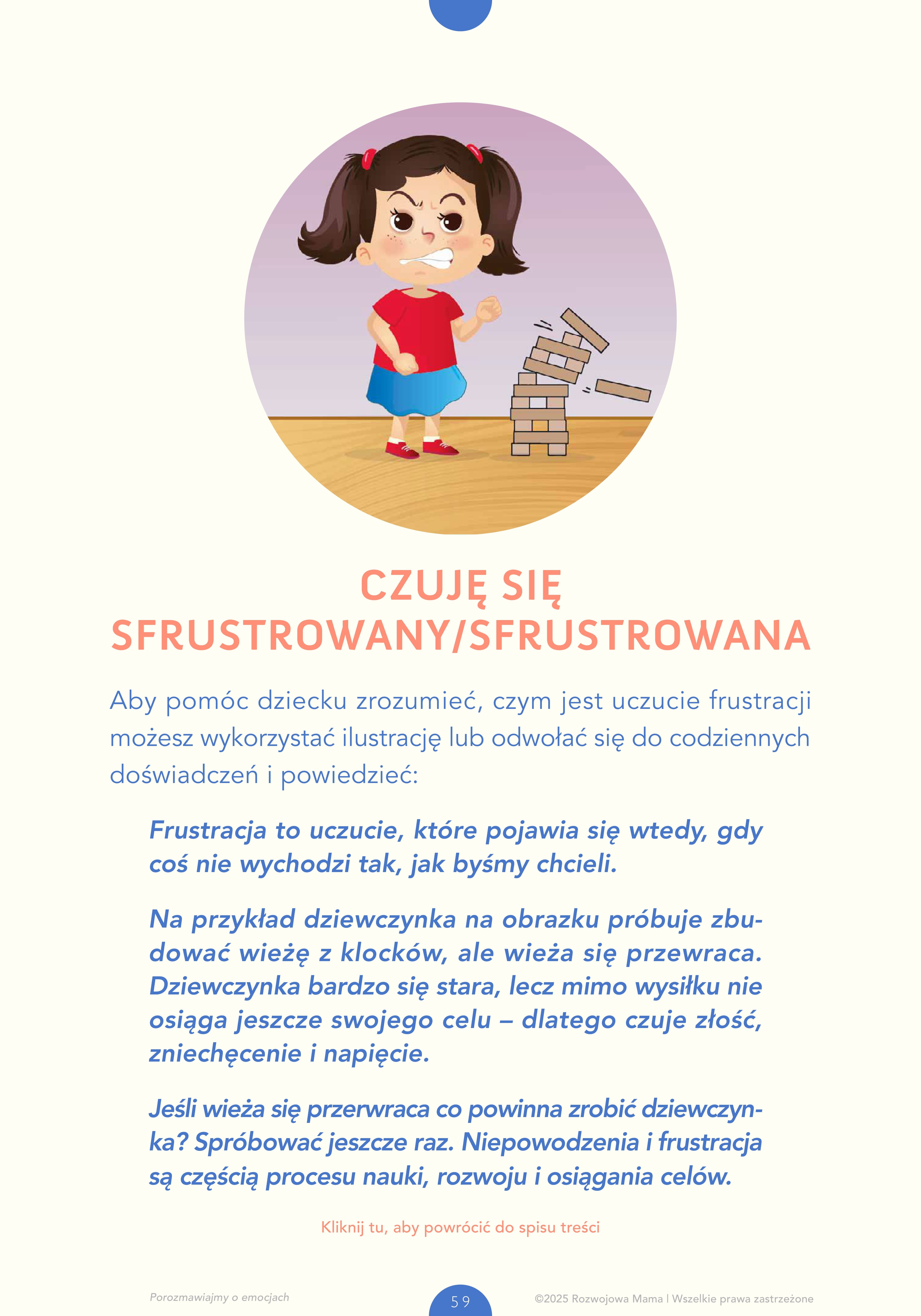 Rozdział e-booka Porozmawiajmy o emocjach "czuję się sfustrowany/sfustrowana",pokazujący strategie radzenia sobie z trudnymi uczuciami i przykłady rozmów z dzieckiem.