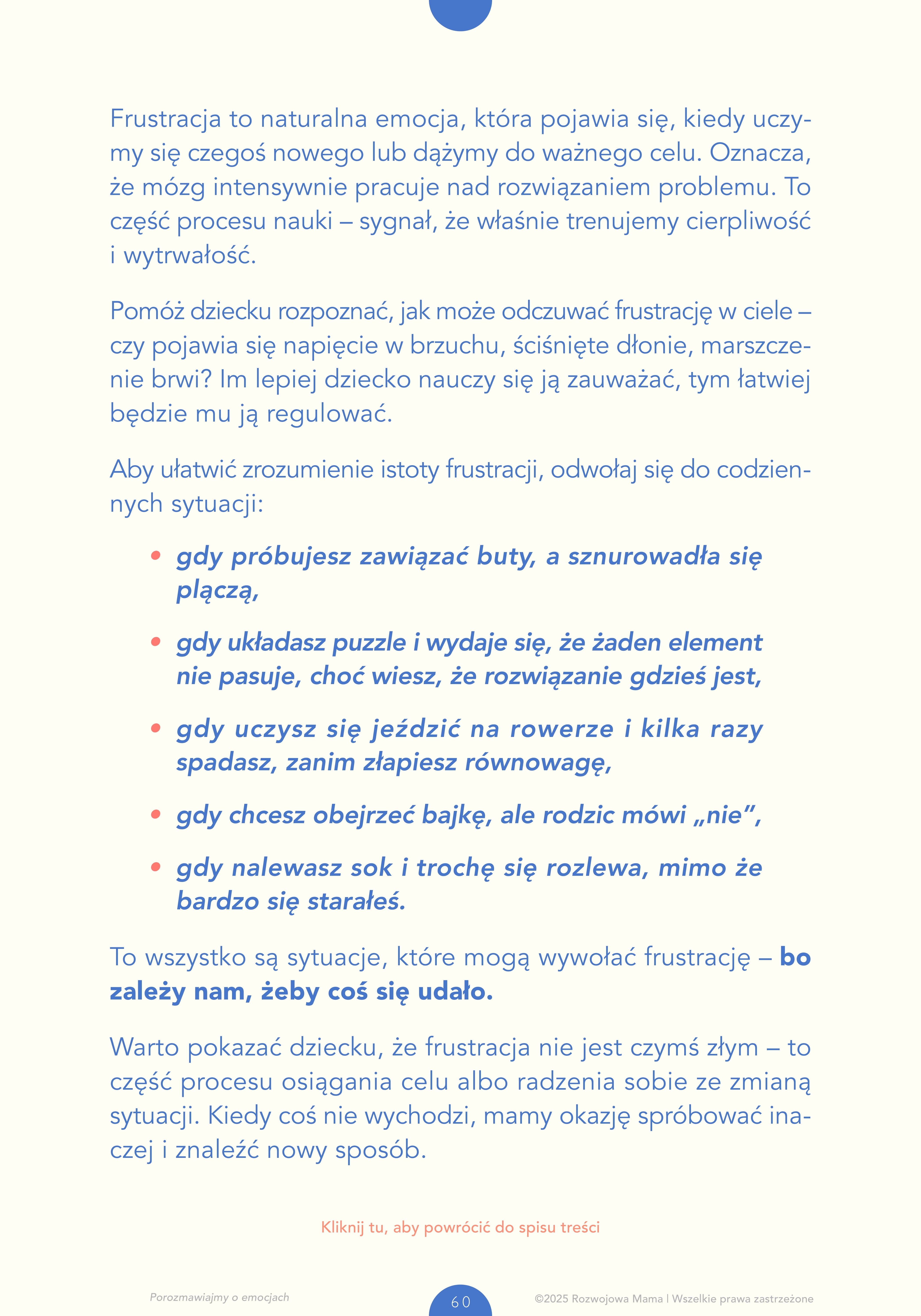 Rozdział e-booka Porozmawiajmy o emocjach "czuję się sfustrowany/sfustrowana",pokazujący strategie radzenia sobie z trudnymi uczuciami i przykłady rozmów z dzieckiem.