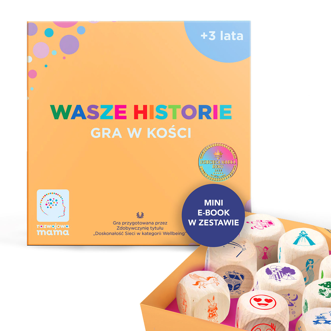 Obrazek przedstawia pudełko gry "Wasze historie" oraz kości, które znajdują się w zestawie.