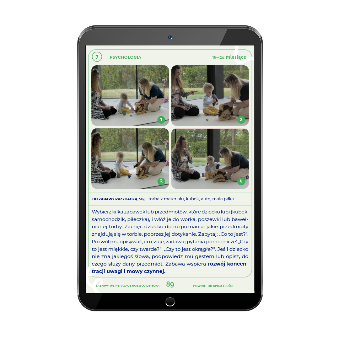 Aktywności rozwojowe dla dwulatka ze zdjęciami instruktażowymi – strona e-booka z prostą instrukcją zabawy 19–24 miesiące