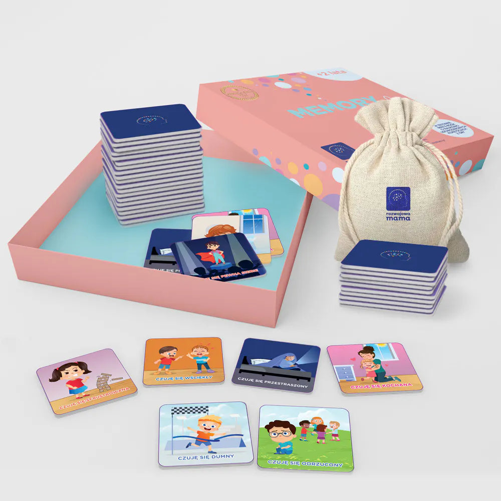 Obrazek przedstawia otwarte pudełko gry "Memory  emocjach", karty do gry oraz woreczek do ich przechowywania. 