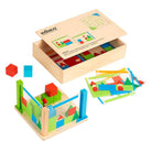 Budowanie Przestrzenne Montessori Educo – drewniana gra edukacyjna z klockami i kartami perspektyw: przód, bok, góra