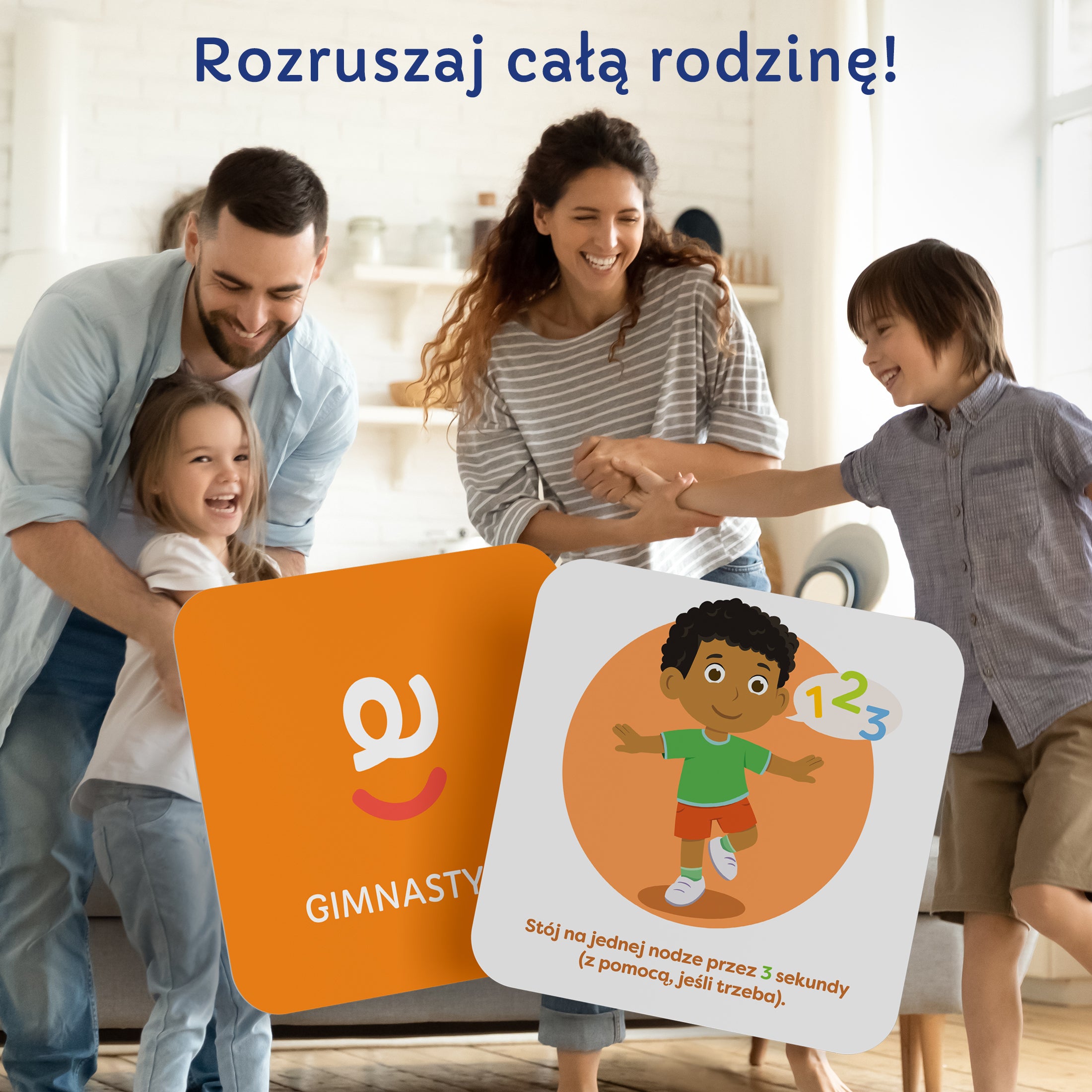 Ćwiczenie gimnastyczne z gry Szalona Zabawa – dzieci wykonują aktywne zadanie z karty, rozwijając motorykę dużą i małą
