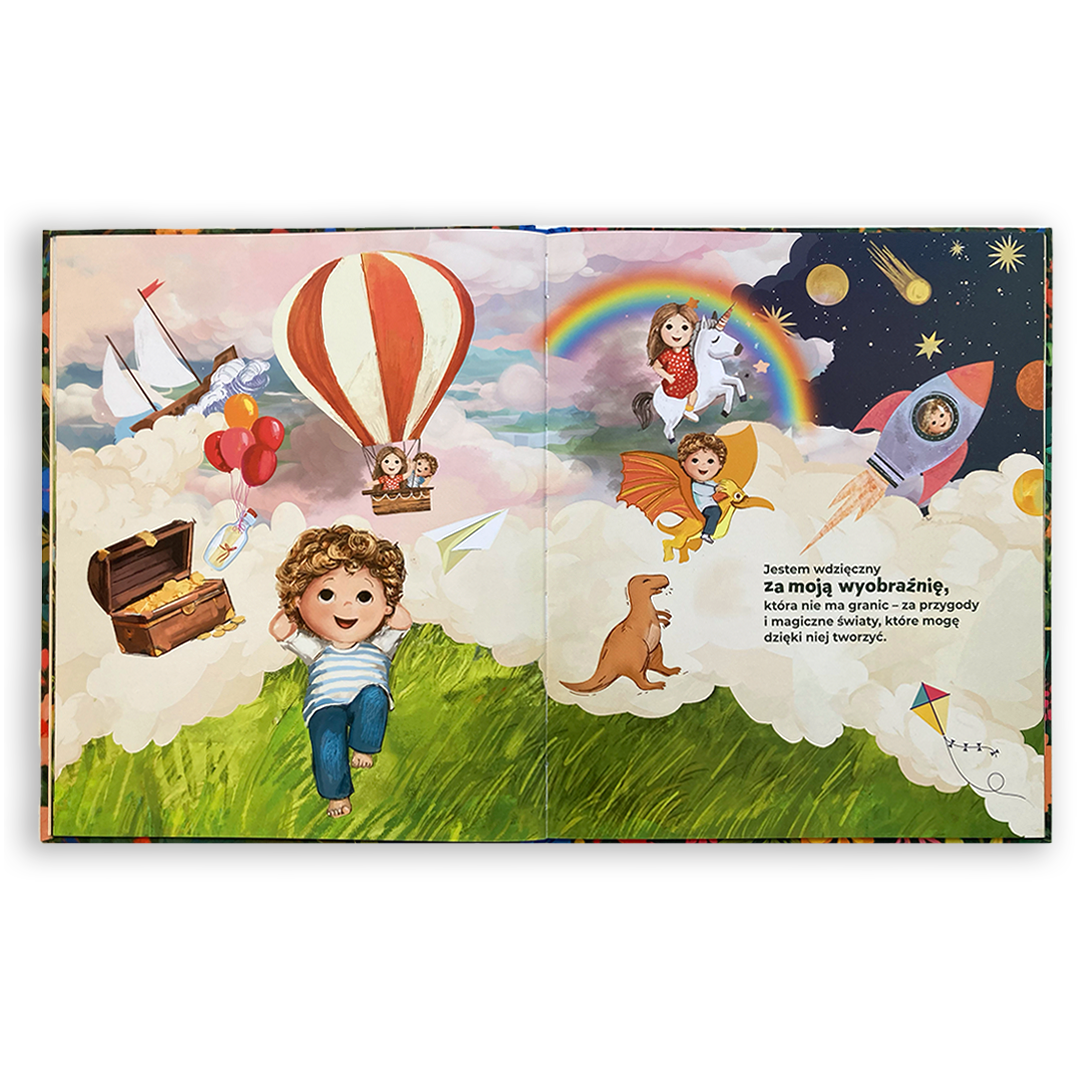 Kolorowa strona z książki „Dziękuję!" – opowieść o dostrzeganiu dobra i okazywaniu wdzięczności w codziennym życiu