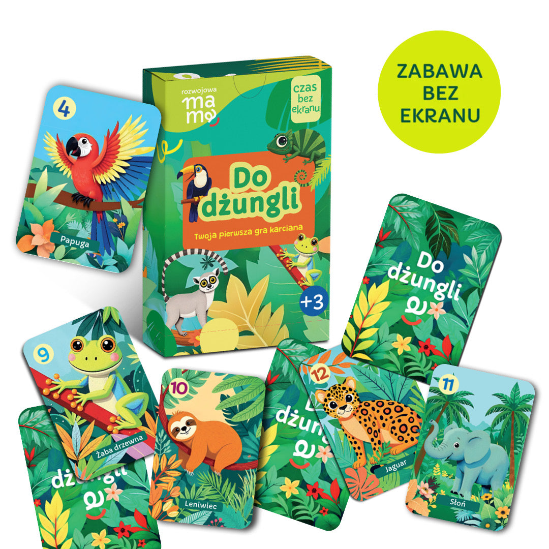 Gra karciana Do Dżungli – kolorowe karty z ilustracjami egzotycznych zwierząt dżungli, gra edukacyjna od 3 lat Rozwojowa Mama