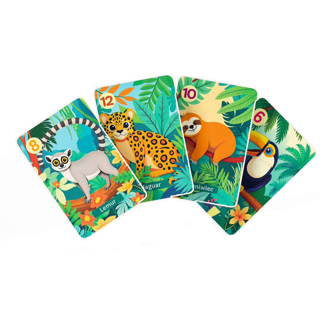 Detale kart Do Dżungli – kolorowe ilustracje egzotycznych zwierząt z cyframi, edukacyjna gra karciana dla dzieci