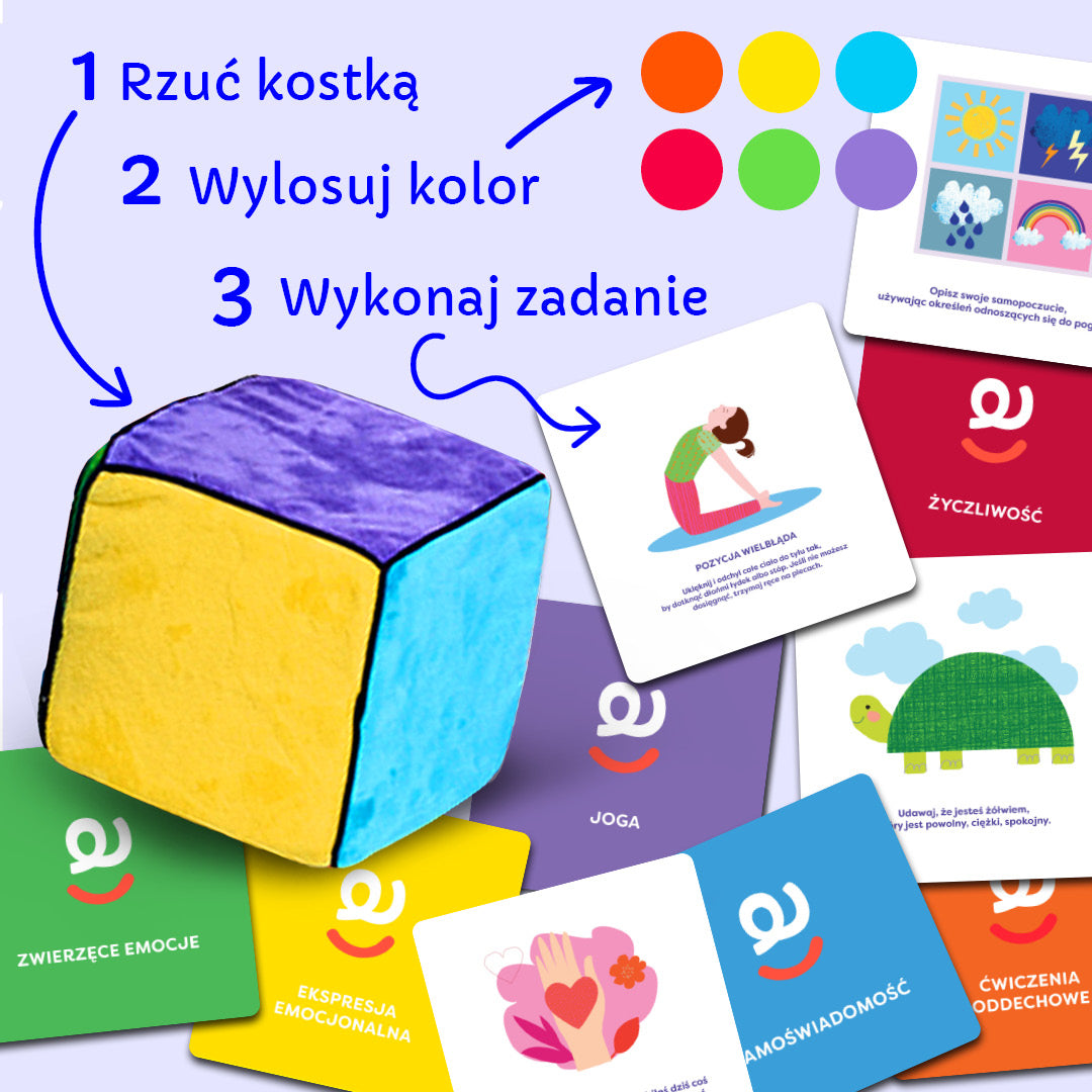 Instrukcja gry Kostka Aktywności – jak grać: rzuć kostką, wylosuj kolor, wykonaj zadanie z karty. Prosta zasada dla dzieci
