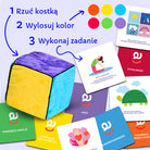 Instrukcja gry Kostka Aktywności – jak grać: rzuć kostką, wylosuj kolor, wykonaj zadanie z karty. Prosta zasada dla dzieci
