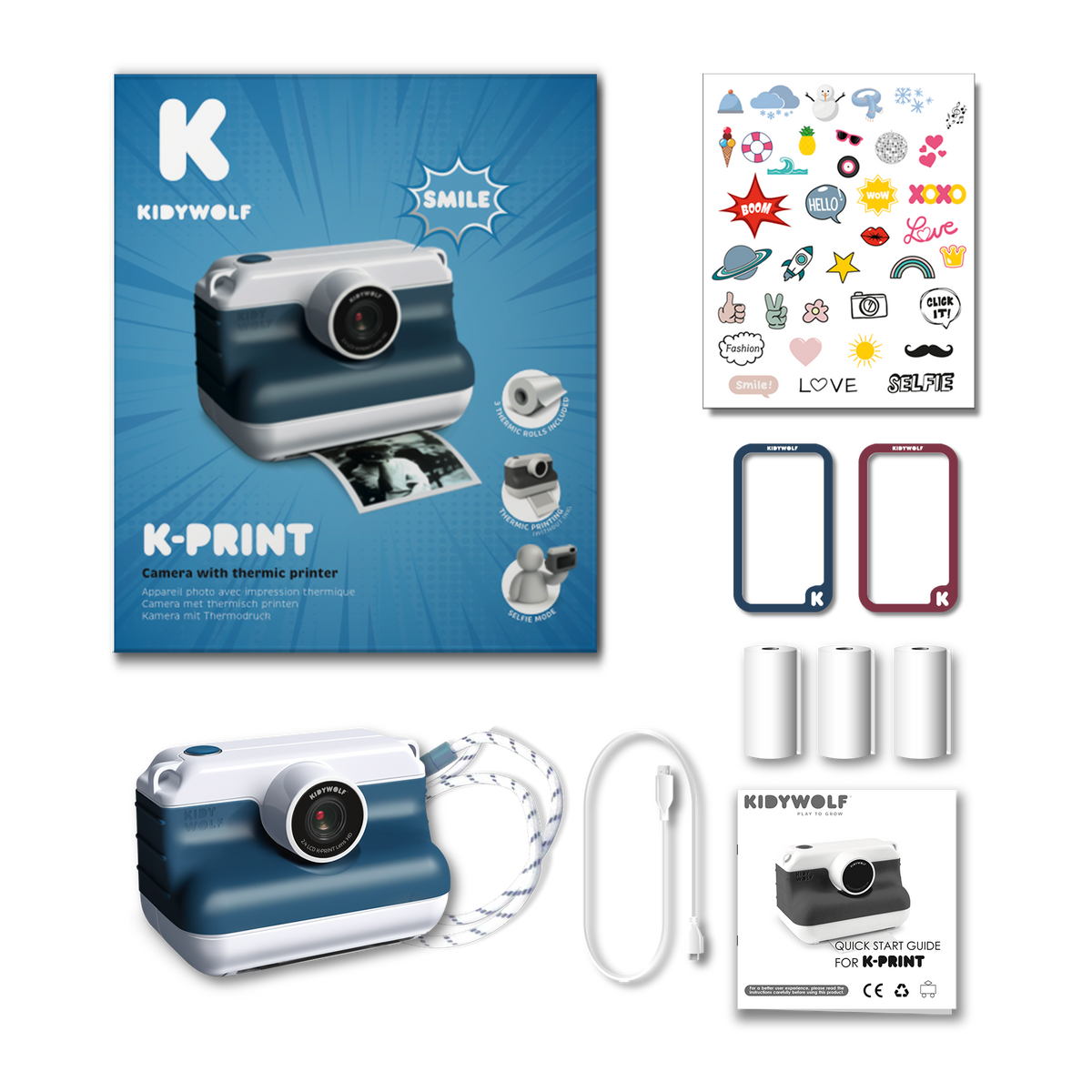 Pudełko aparatu K-Print Kidywolf w wersji niebieskiej – w zestawie 3 rolki papieru, naklejki i magnesy