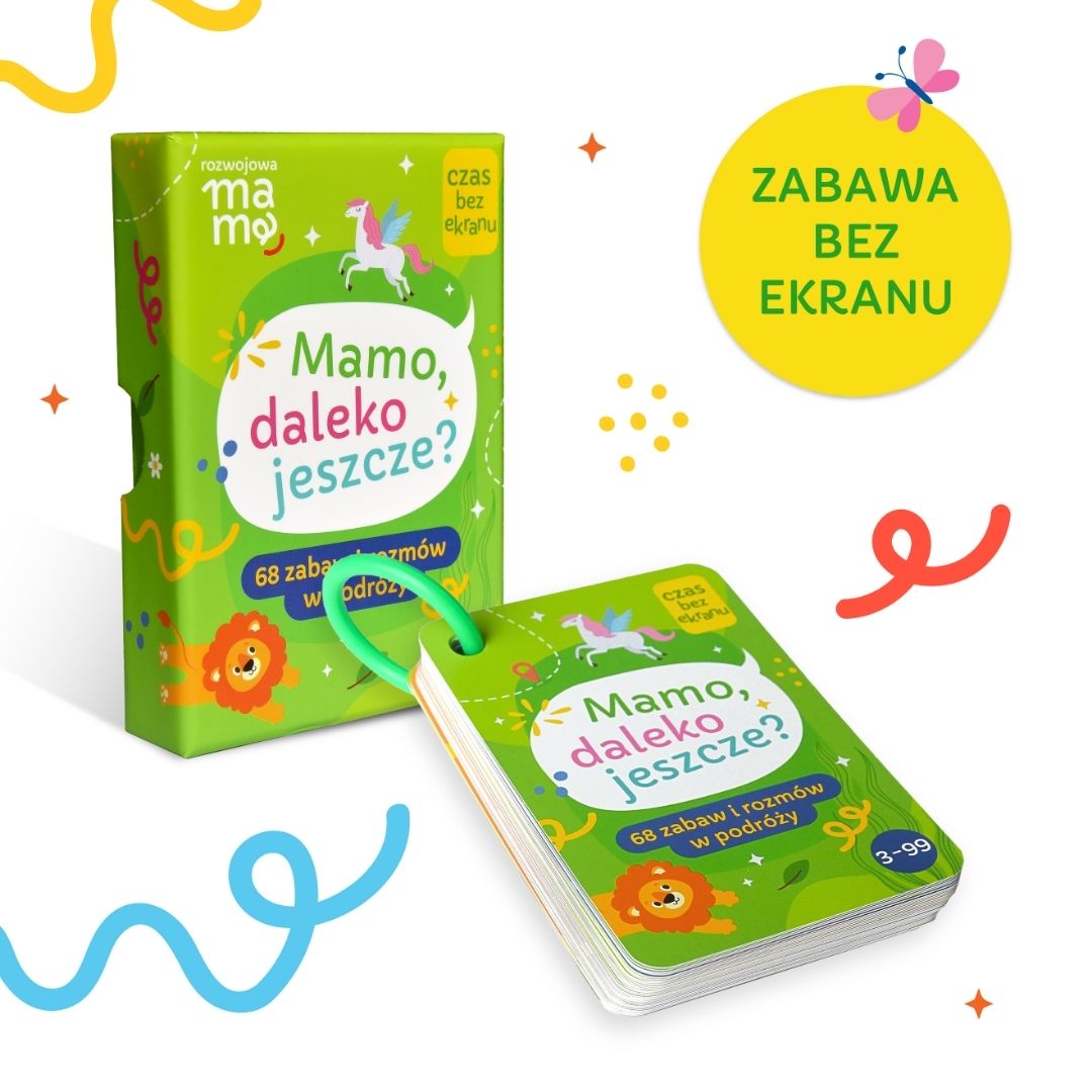 Karty „Mamo, daleko jeszcze?” – 68 kart do rozmów i zabaw w podróży spiętych plastikową śrubą, Rozwojowa Mama