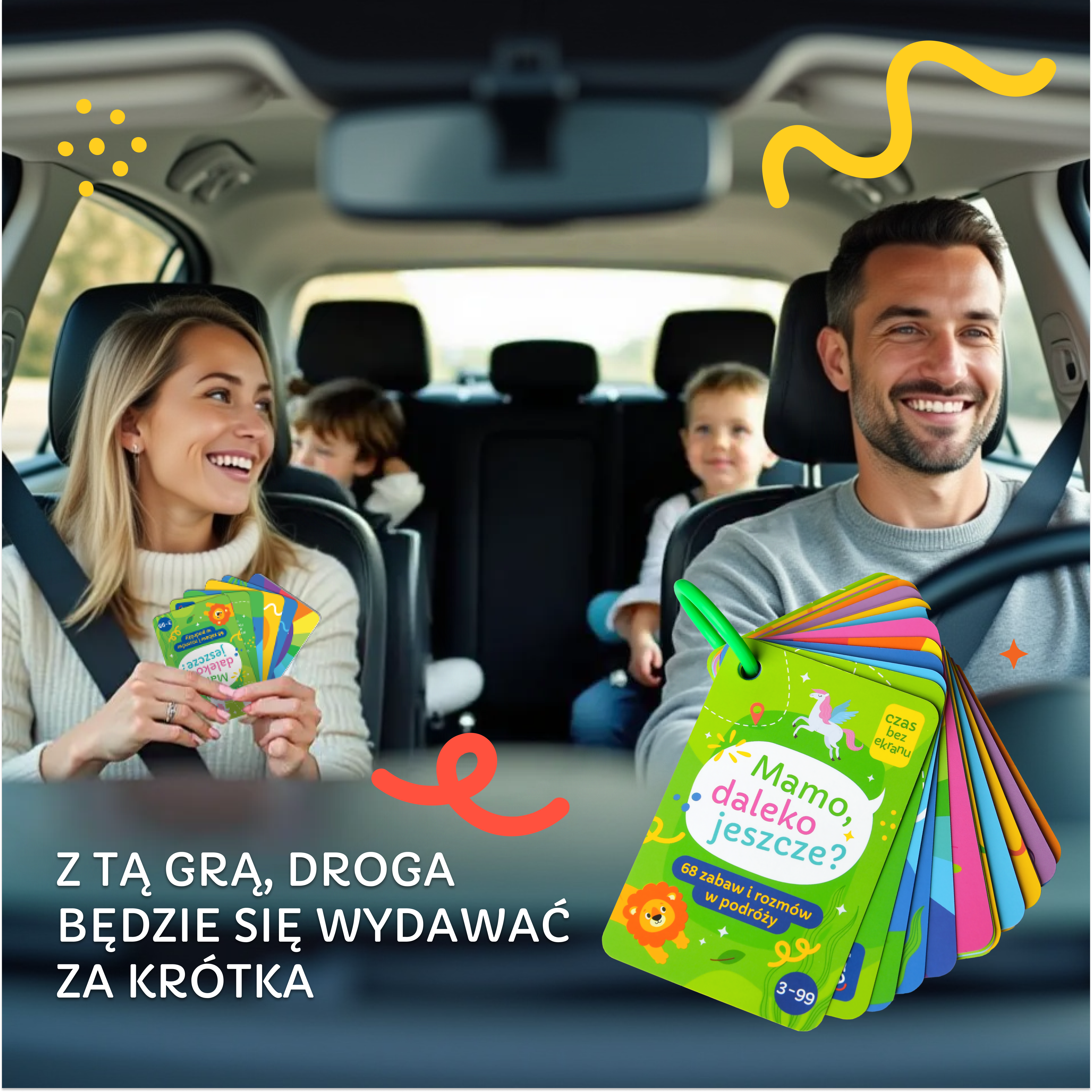 Karty „Mamo, daleko jeszcze?” w samochodzie – zabawa w podróży bez ekranu, rozmowy budujące więź podczas jazdy