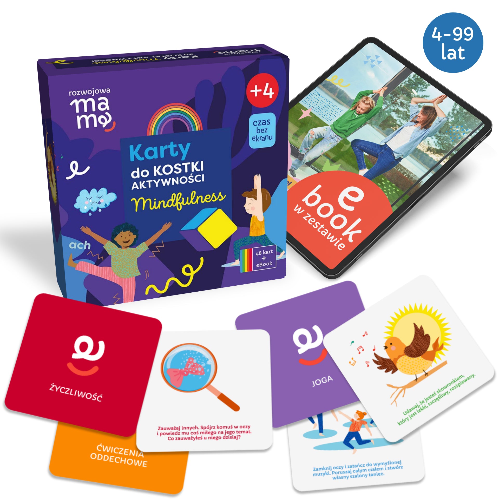 Karty mindfulness do Kostki Aktywności – 48 kolorowych kart z zadaniami uważności, jogi i oddychania dla dzieci od 4 lat
