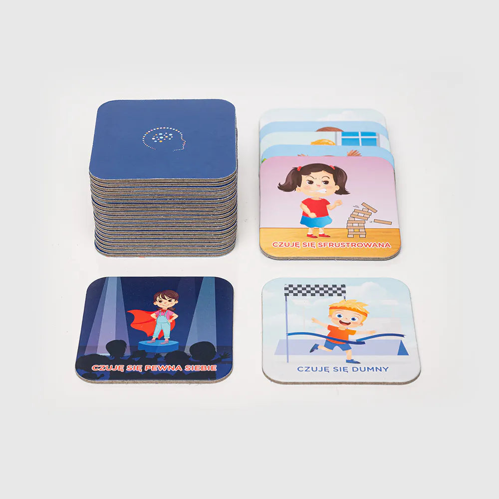 Obrazek prezentuje karty do gry "Memory o emocjach".