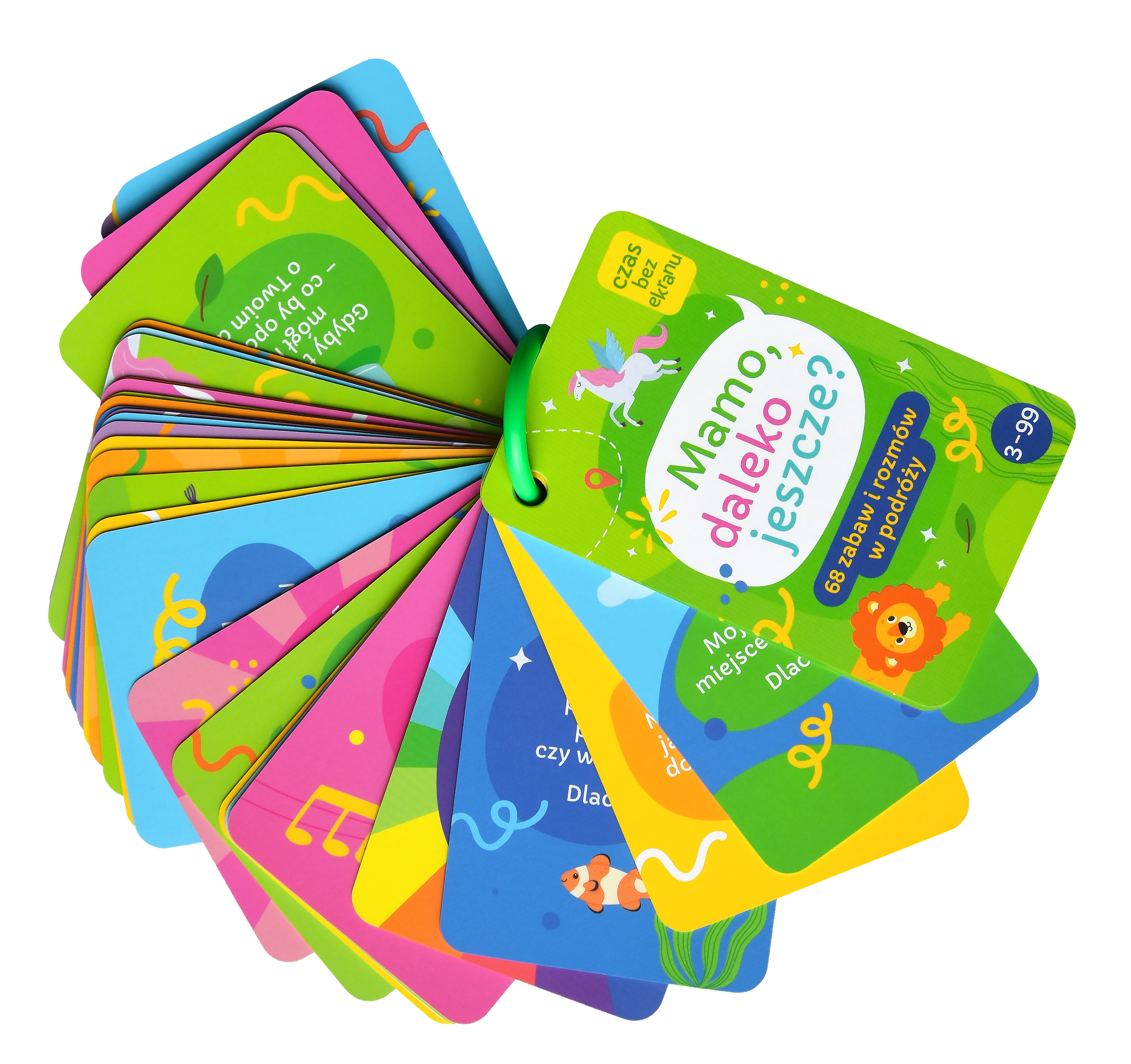 Rozłożona talia 68 kolorowych kart z pytaniami i zabawami spięta plastikową śrubą, ułatwiającą grę w samochodzie lub samolocie.