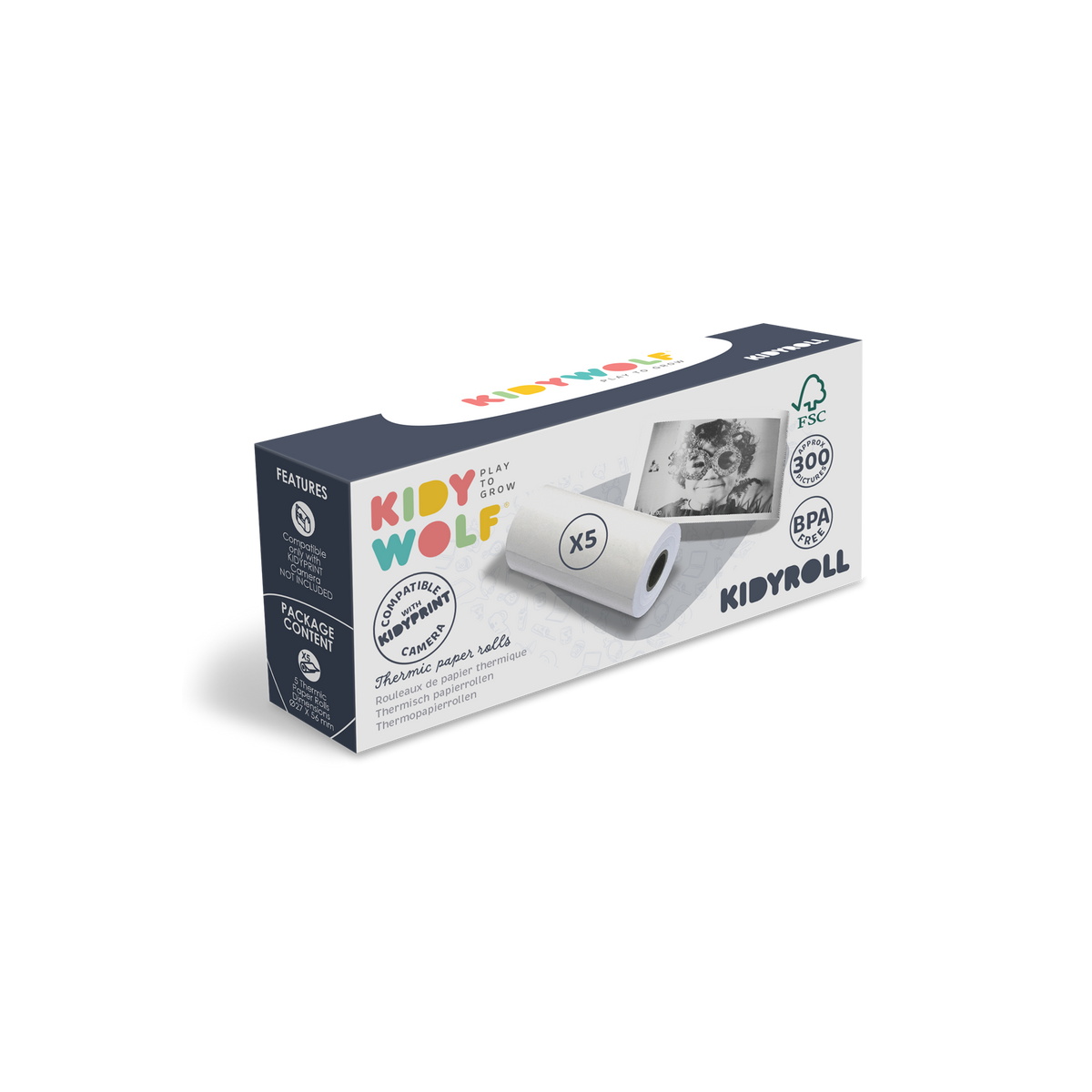 Rolki papieru Kidyroll Kidywolf, opakowanie 5 szt. – papier termiczny do aparatu K-Print i drukarki Kidyprinter-AI, Rozwojowa Mama