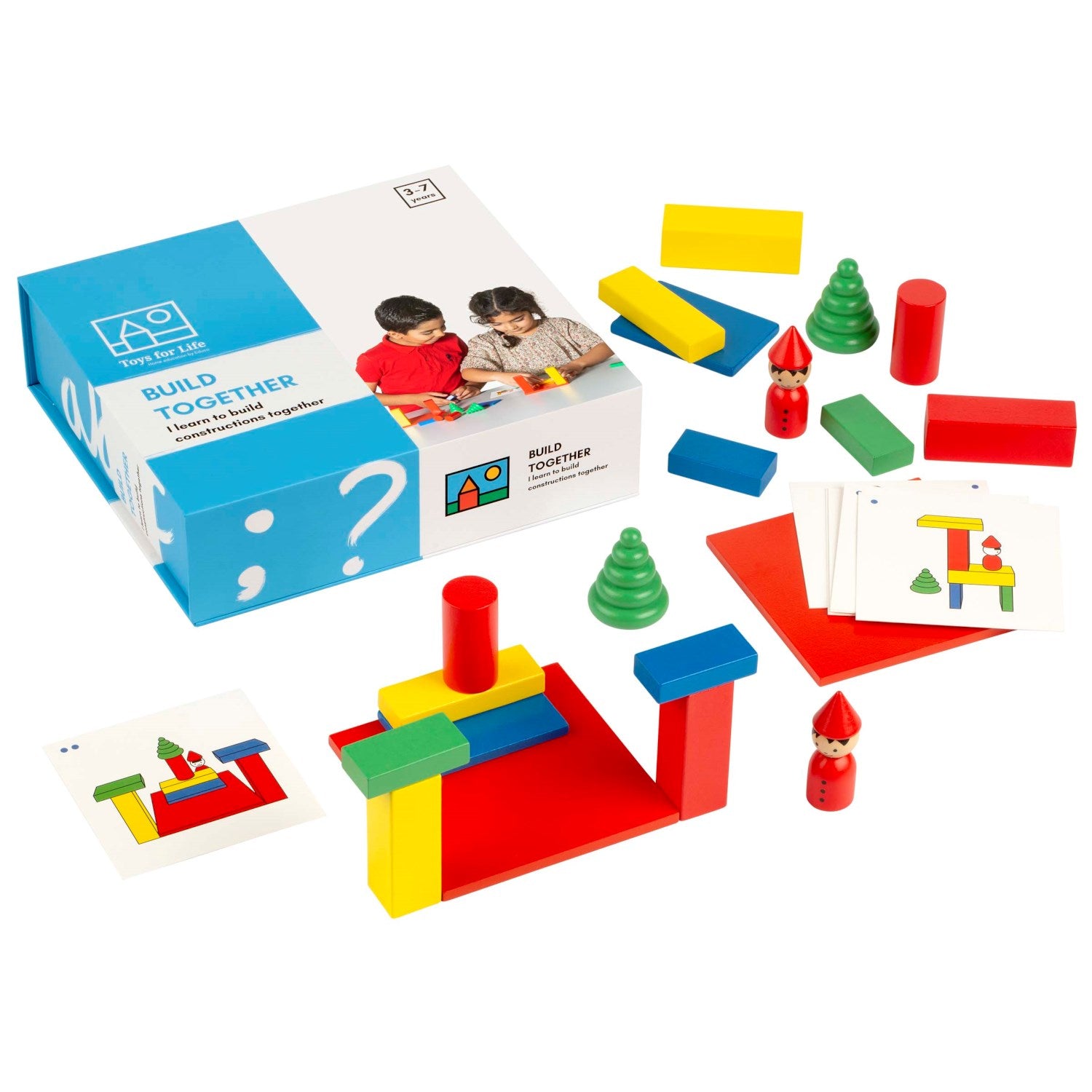 Klocki i wzory Montessori Toys for Life – drewniany zestaw konstrukcyjny z kolorowymi klockami i kartami z zadaniami do odwzorowania, 3–4 lata