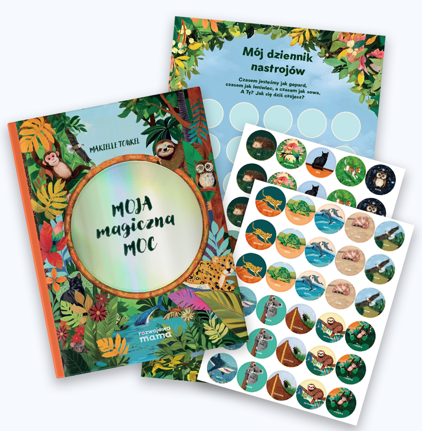 Książka „Moja Magiczna Moc” wspierająca rozwój inteligencji emocjonalnej, zestawiona z tablicą „Mój Dziennik Nastrojów” oraz naklejkami przedstawiającymi różne emocje i zwierzęta.