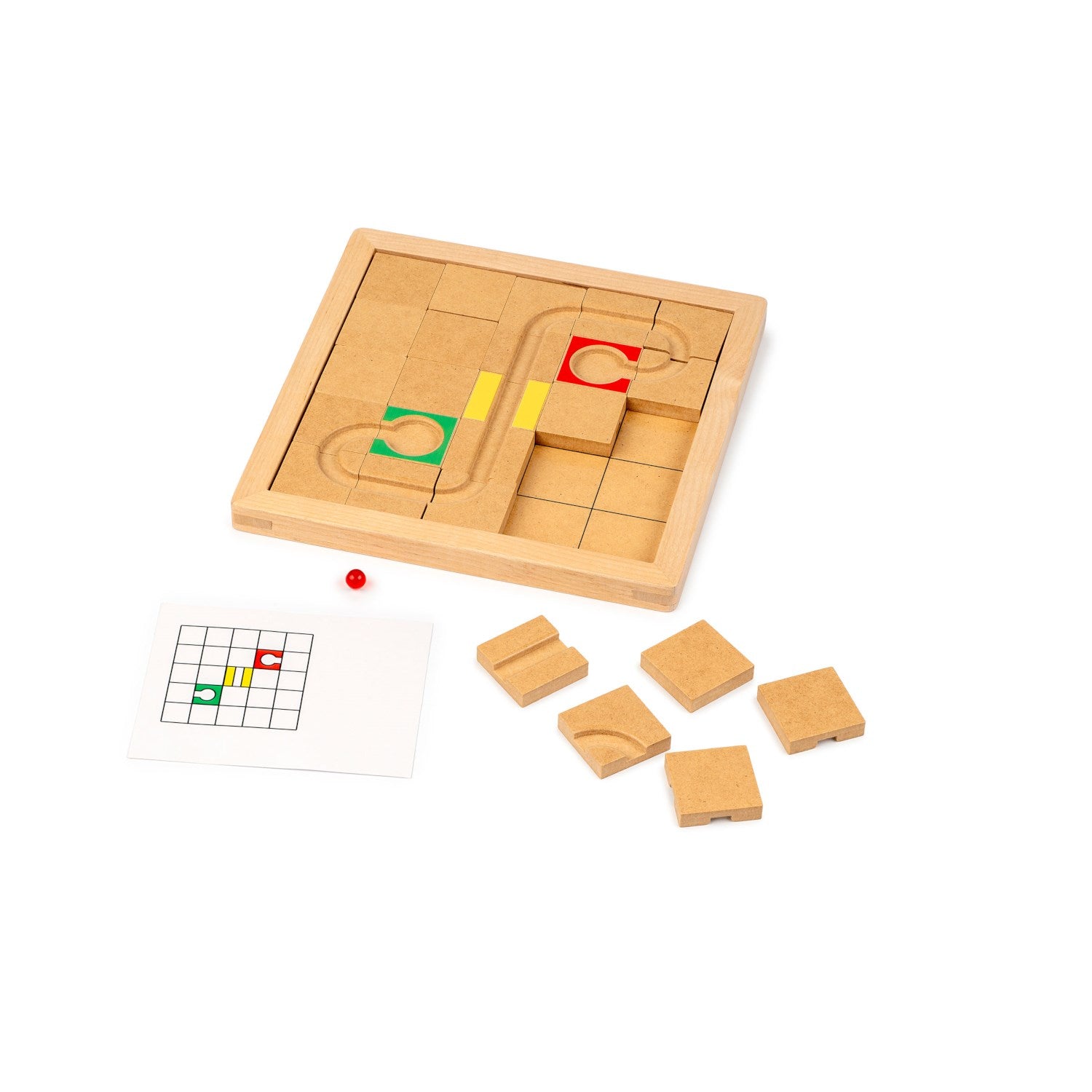 Gra kodowanie dla dzieci Marblecode Montessori Educo – drewniana plansza, 40 elementów trasy, 10 kart zadań i 2 kulki