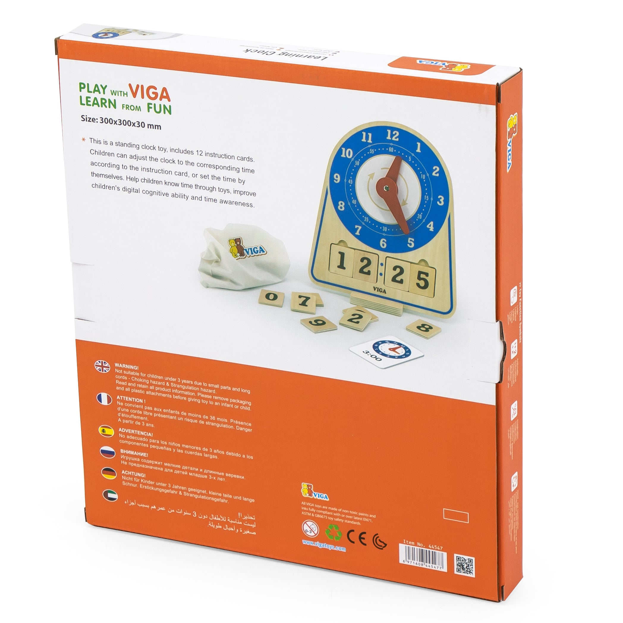 Drewniany zegar do nauki czasu – zabawka edukacyjna z obracającymi się wskazówkami, kartami instruktażowymi i drewnianymi cyframi do nauki godzin i minut