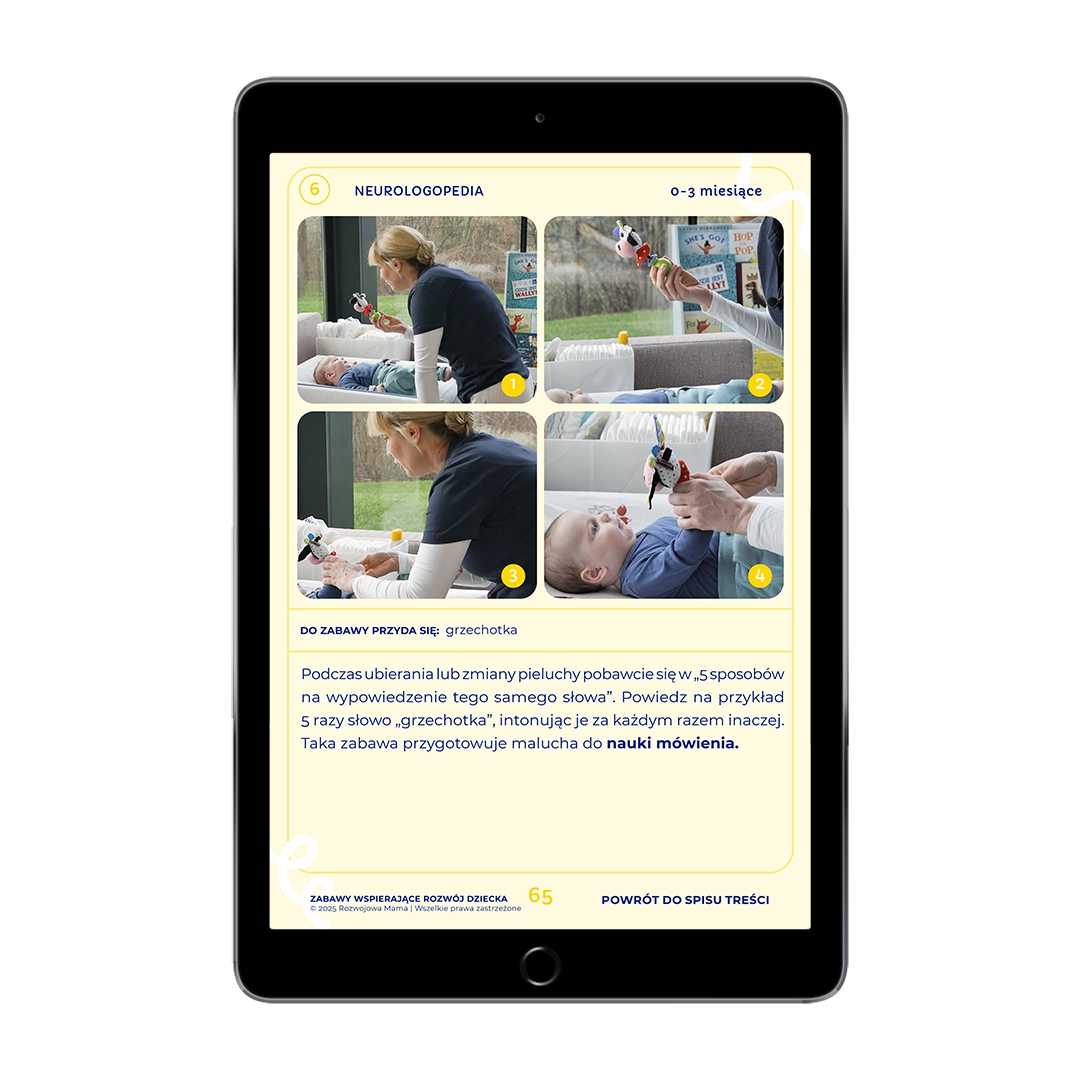 Rozwój mowy niemowlęcia 0–3 miesiące – zabawy opracowane przez neurologopedę dr Magdalenę Bednarczyk ze zdjęciami