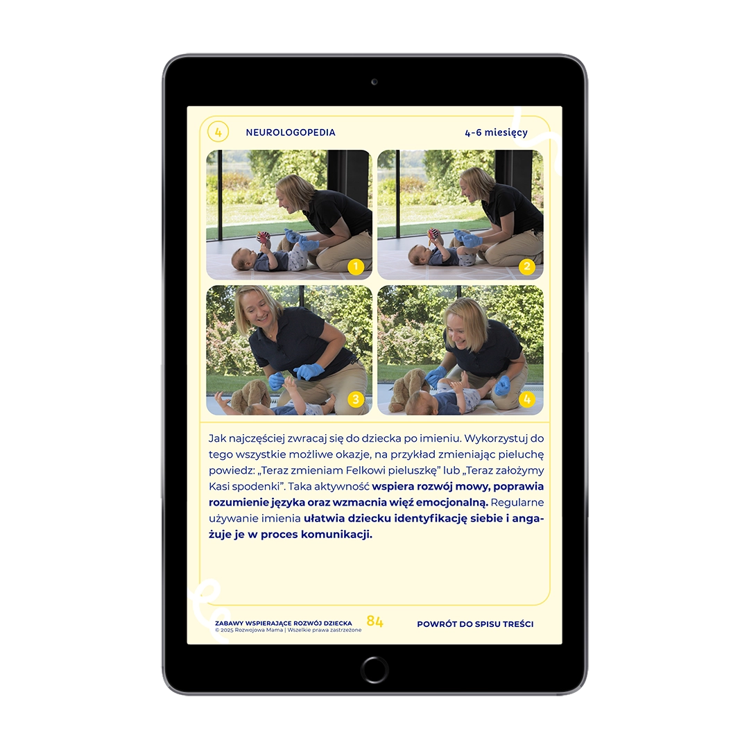 Rozwój mowy niemowlęcia 4–6 miesięcy – ćwiczenia od neurologopedy ze zdjęciami pokazującymi prawidłową stymulację