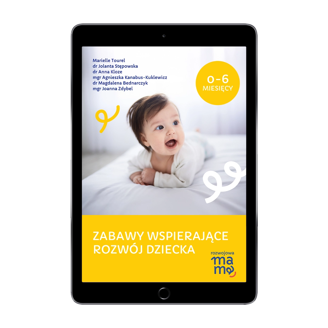 Wizualizacja e-booka na ekranie tabletu przedstawiająca propozycje zabaw dla niemowląt w pierwszym roku życia. Skupienie na rozwoju sensorycznym, motoryce dużej i budowaniu więzi z rodzicem.