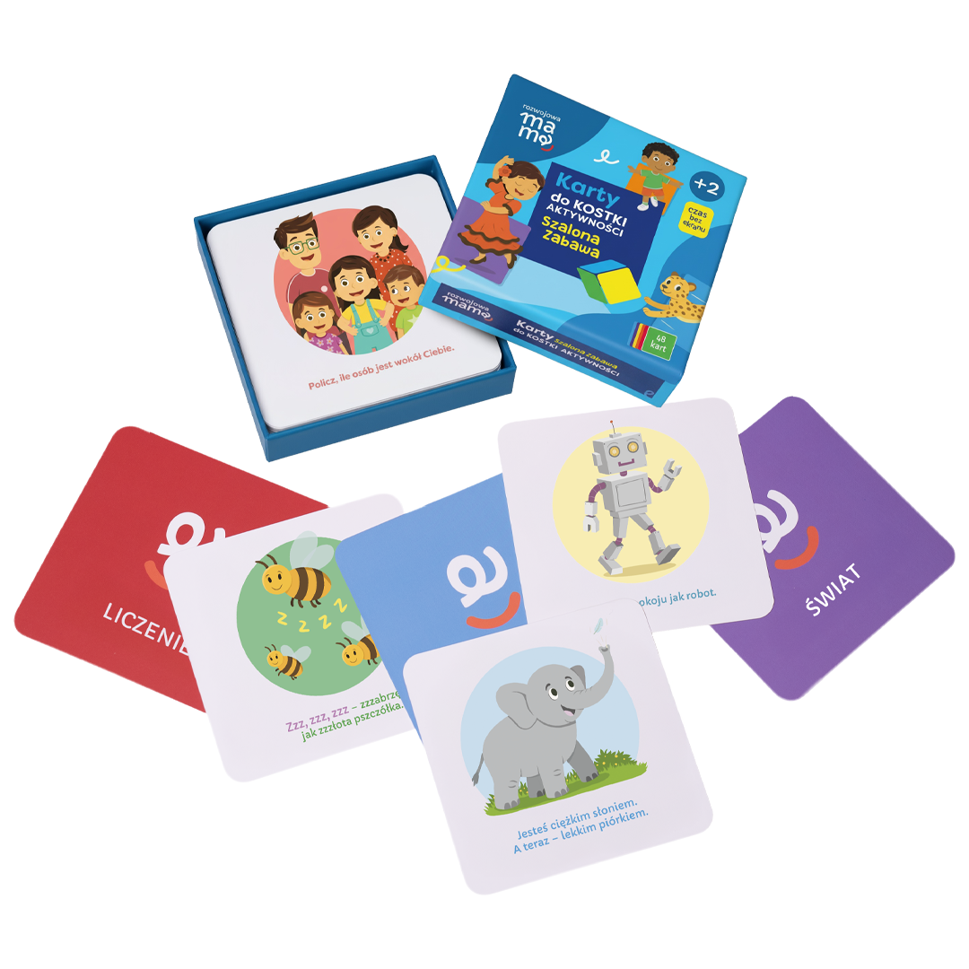 Opakowanie kart Szalona Zabawa do Kostki Aktywności – kolorowe pudełko z zestawem 48 kart edukacyjnych Rozwojowa Mama
