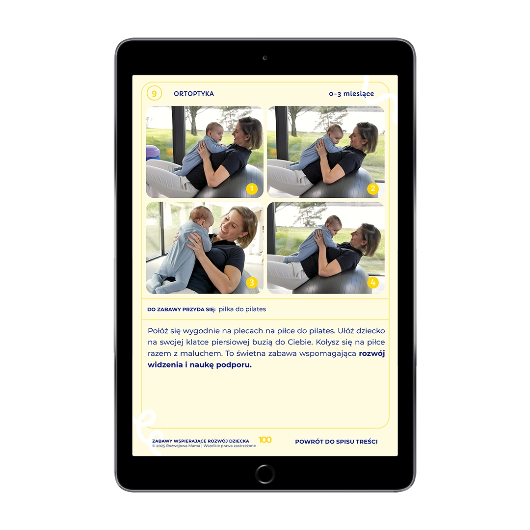 Rozwój widzenia niemowlęcia 0–3 miesiące – zabawy opracowane przez ortoptystkę mgr Joannę Zdybel ze zdjęciami