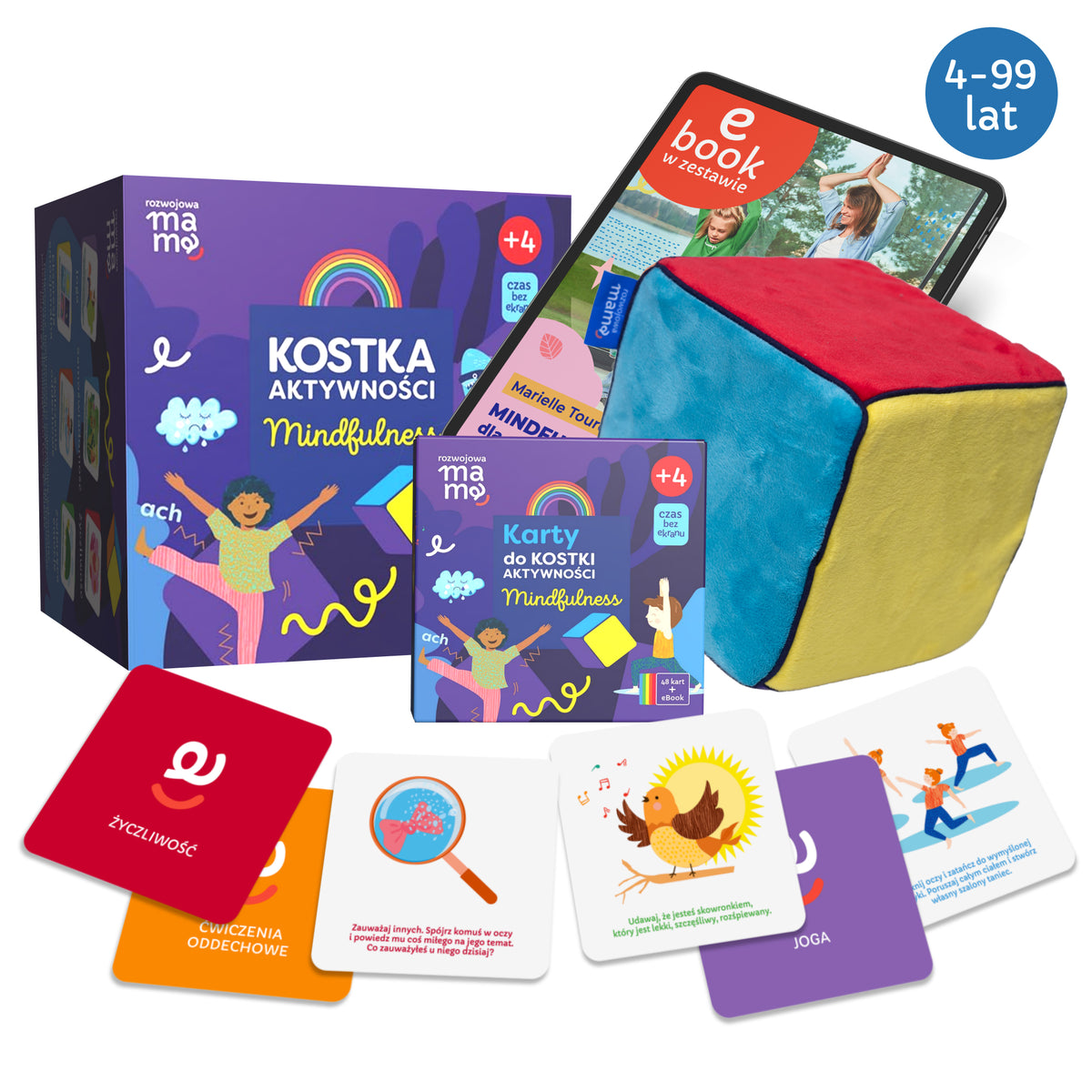 Pluszowa kostka mindfulness z 48 kartami zadań: oddychanie, joga, życzliwość, emocje. Gra edukacyjna oparta na badaniach naukowych.