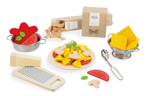 Filcowy zestaw makaronów i akcesoria kuchenne – zabawka do gotowania dla dzieci od Janod, 58 elementów, makaron farfalle, tagliatelle, parmezan, garnek