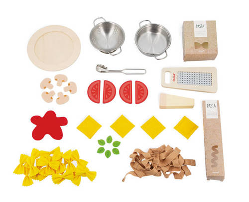 Filcowy zestaw makaronów i akcesoria kuchenne – zabawka do gotowania dla dzieci od Janod, 58 elementów, makaron farfalle, tagliatelle, parmezan, garnek