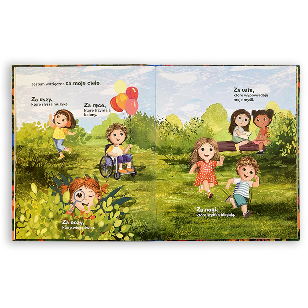 Praktyka wdzięczności na stronie książki „Dziękuję!" – kolorowa ilustracja z tekstem zachęcającym do refleksji