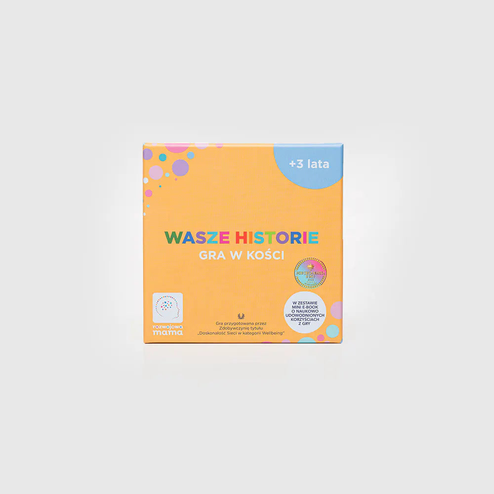 Opakowanie gry Wasze Historie – kolorowe pudełko z kośćmi narracyjnymi, idealny prezent dla dziecka rozwijający wyobraźnię