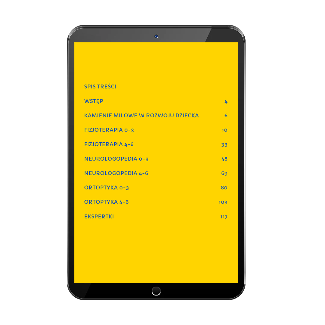 Rozdziały e-booka o rozwoju niemowlęcia 0–6 miesięcy – kamienie milowe, zabawy z fizjoterapii, neurologopedii i ortoptyki
