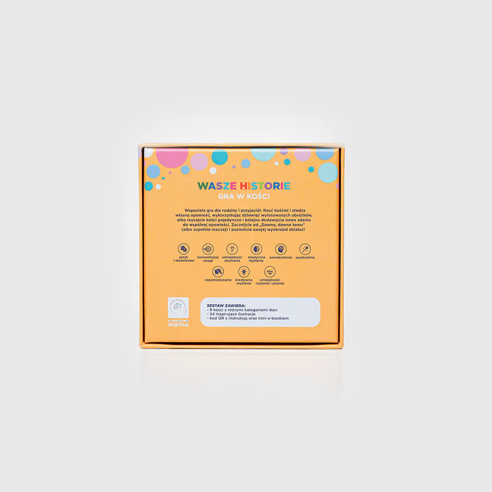 Tył pudełka gry Wasze Historie z opisem – informacje o kościach narracyjnych, zasadach gry i korzyściach rozwojowych