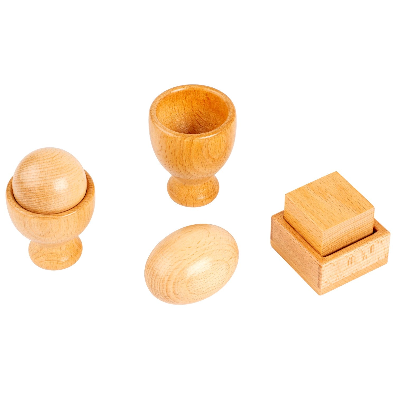 Drewniana układanka Montessori dla niemowląt Educo – kształty jajko, kulka i sześcian z podstawkami do dopasowywania, 6–12 mies.