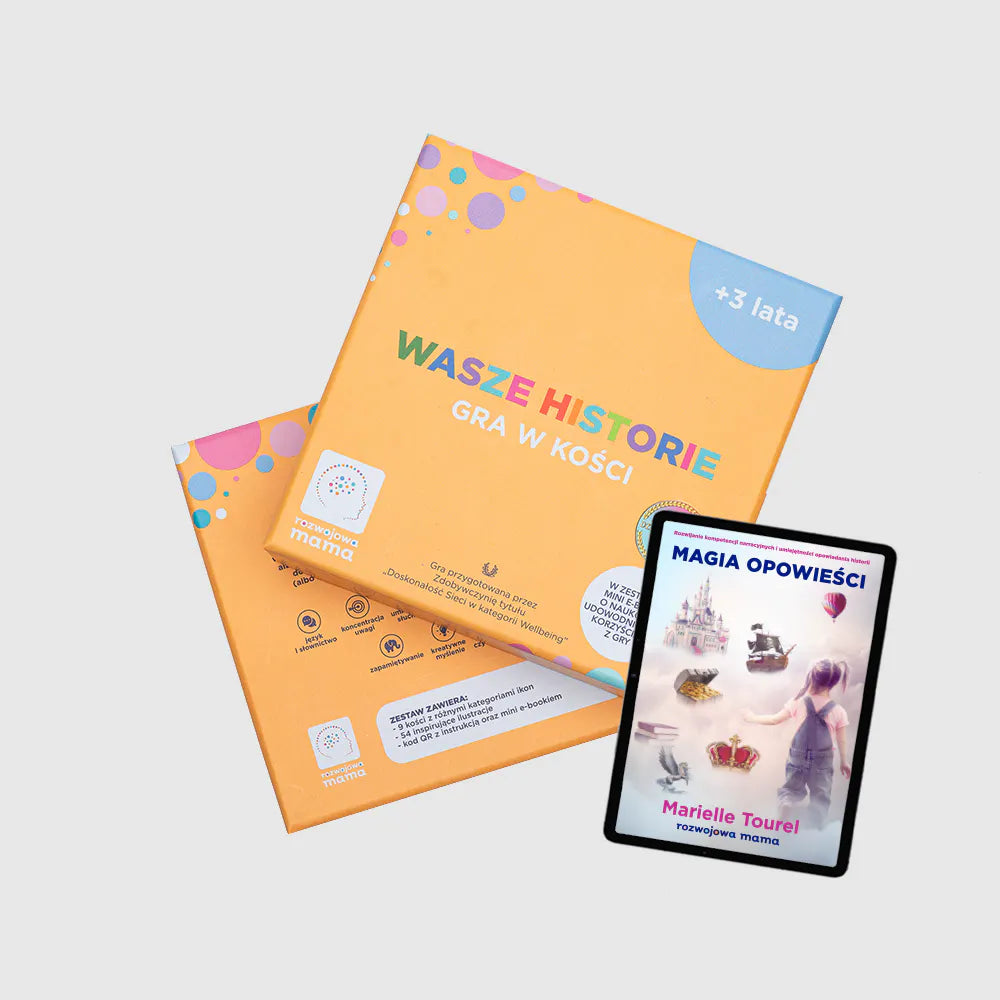 Pudełko gry Wasze Historie i tablet z e-bookiem „Magia opowieści – rozwijanie kompetencji narracyjnych" dla rodziców