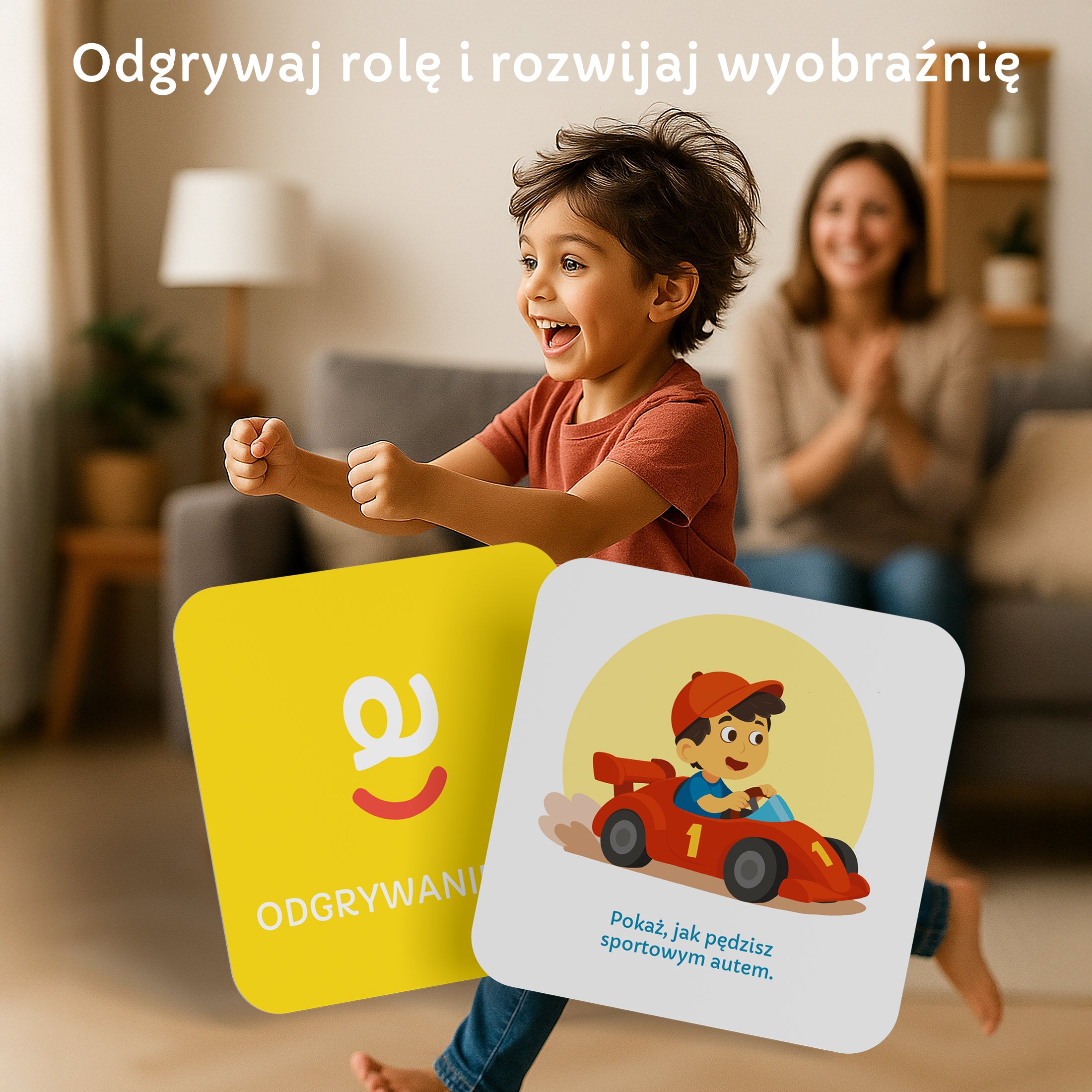 Zabawa ruchowa dzieci z kartami do Kostki Aktywności Szalona Zabawa – wspólna aktywność fizyczna i edukacyjna w domu
