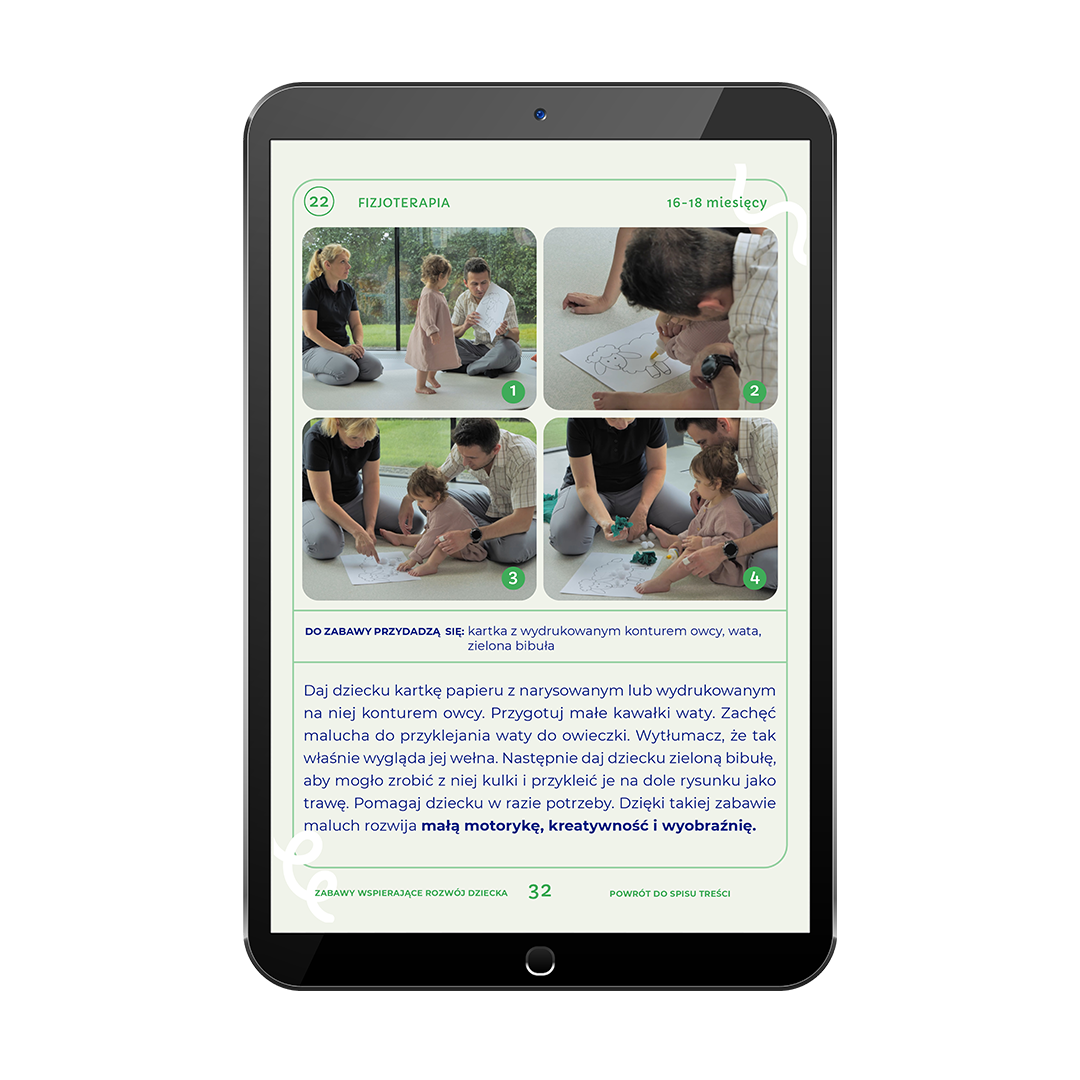 Strona e-booka z zabawą rozwojową dla roczniaka – zdjęcie instruktażowe i opis aktywności wspierającej rozwój 13–18 miesięcy